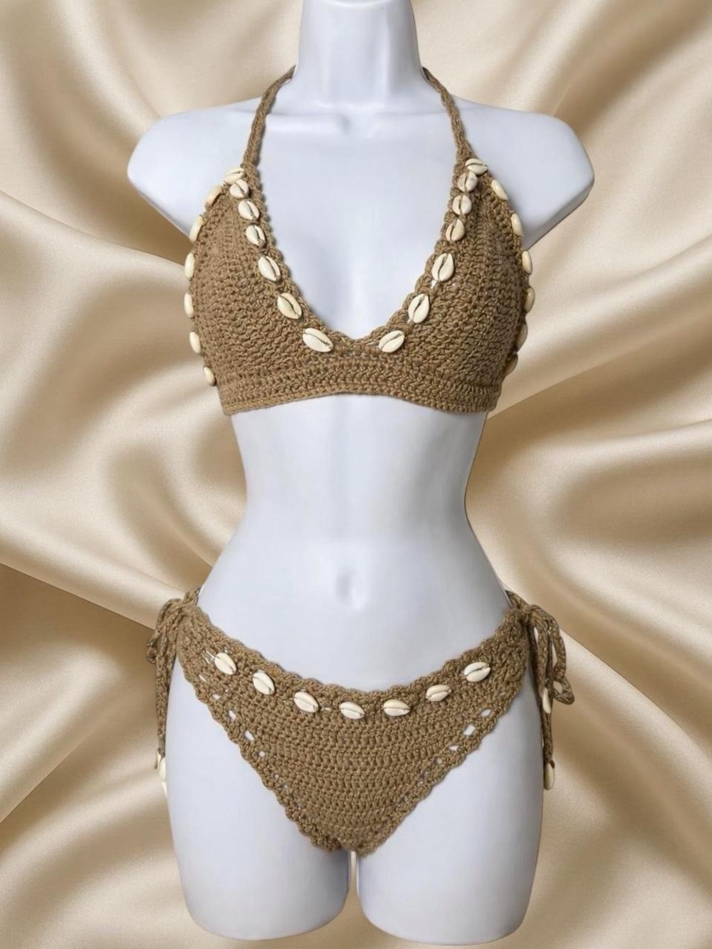 Handmade Tan Crochet Bikini with Shell Accents